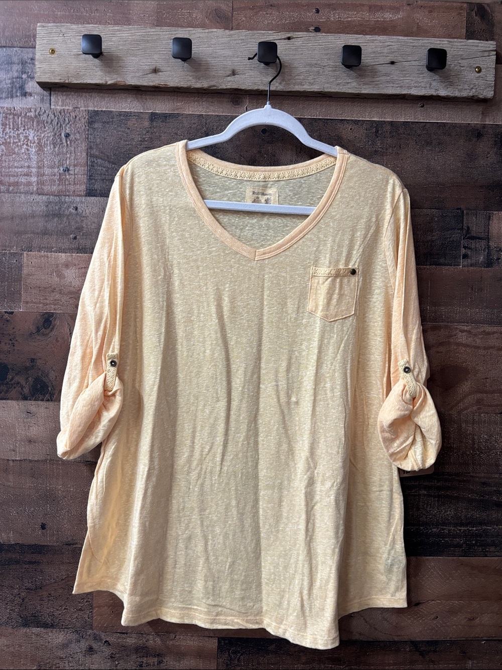 Ruff Hewn Pale Yellow V-Neck Roll-Sleeve Women's Top